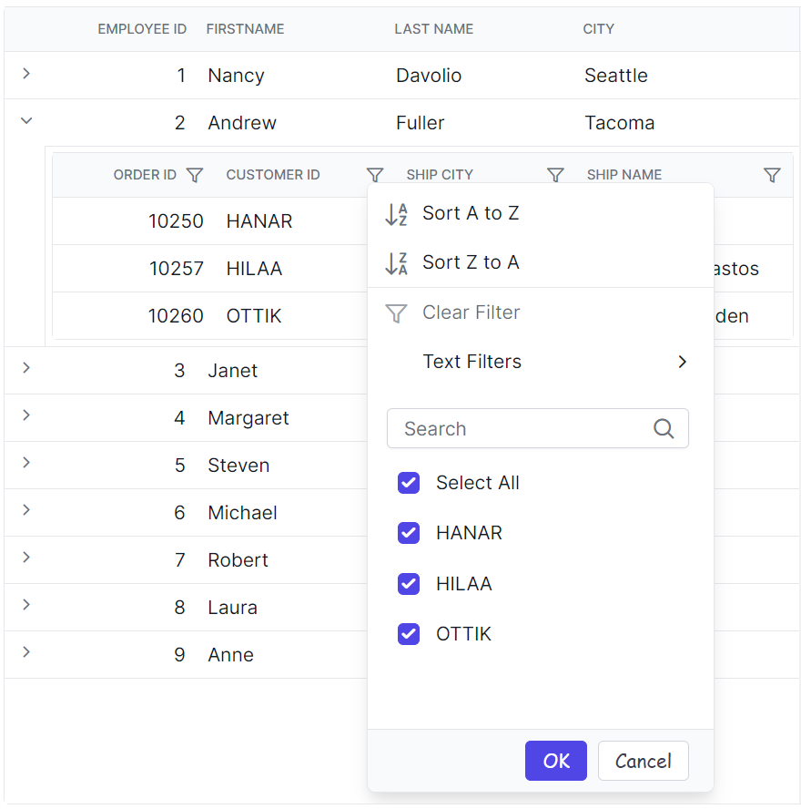 Child grid filter dialog button element
